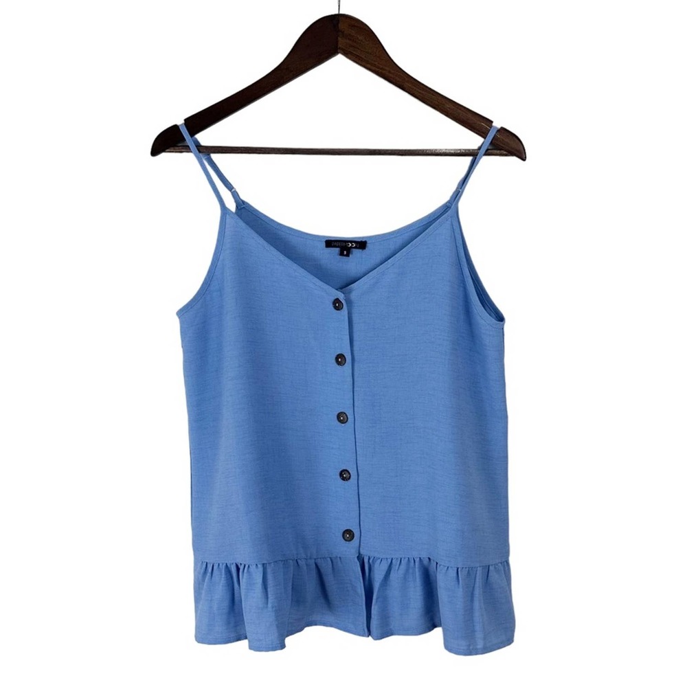 NWOT. Papermoon Blue Button-Front Ruffle Hem Tank Top - Picture 8 of 10